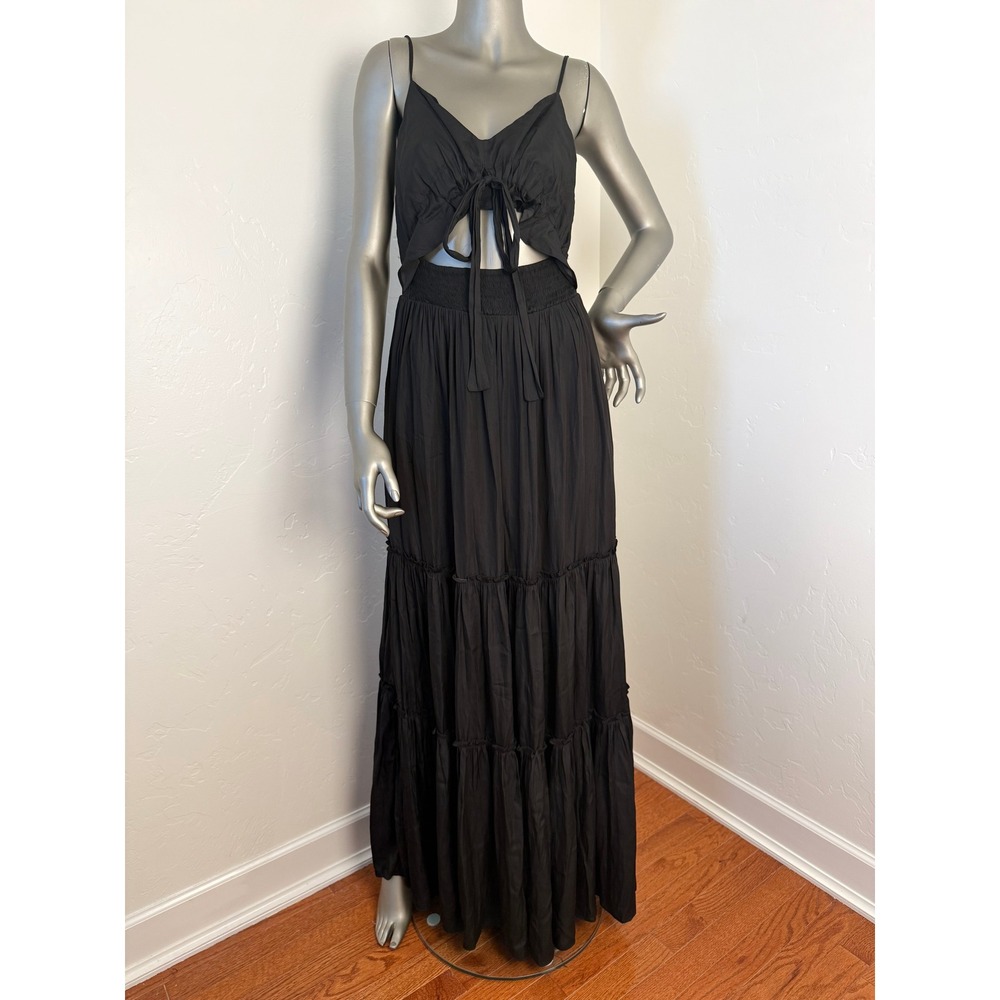 EE:SOME Black Lighter Than A Feather Tiered Cutout Maxi Dress Bralette Tie Front